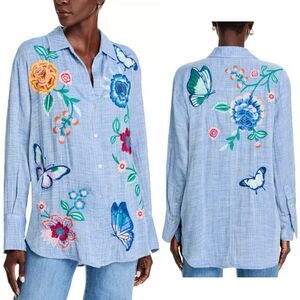 Johnny Was NWOT Embroidered Button Up Relaxed Shirt Sz S Western Boho Butterfly